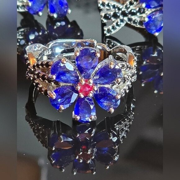 925 Sterling Silver Jewelry Set ( Earrings/ Ring 7.5) with Sapphire & Ruby Gems - Picture 9 of 12